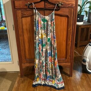 Johnny Was silk feeling dress. Beautiful colors of blue pink green tan yellow.